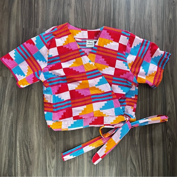 Yevu 100% Cotton Ghanian Made Colorful Wrap Top‎ V-Neck Short Sleeve size 3XL - Picture 9 of 14